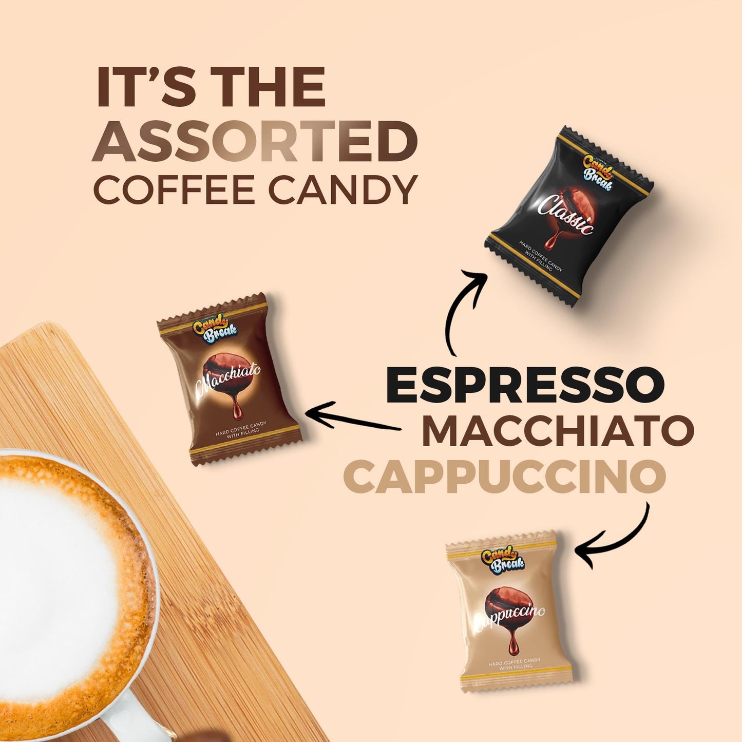 CANDY BREAK Coffee Drops - Center Filled Hard Candy, Macchiato, Espresso, Cappuccino Flavors, 24.7 Oz Bulk Bag