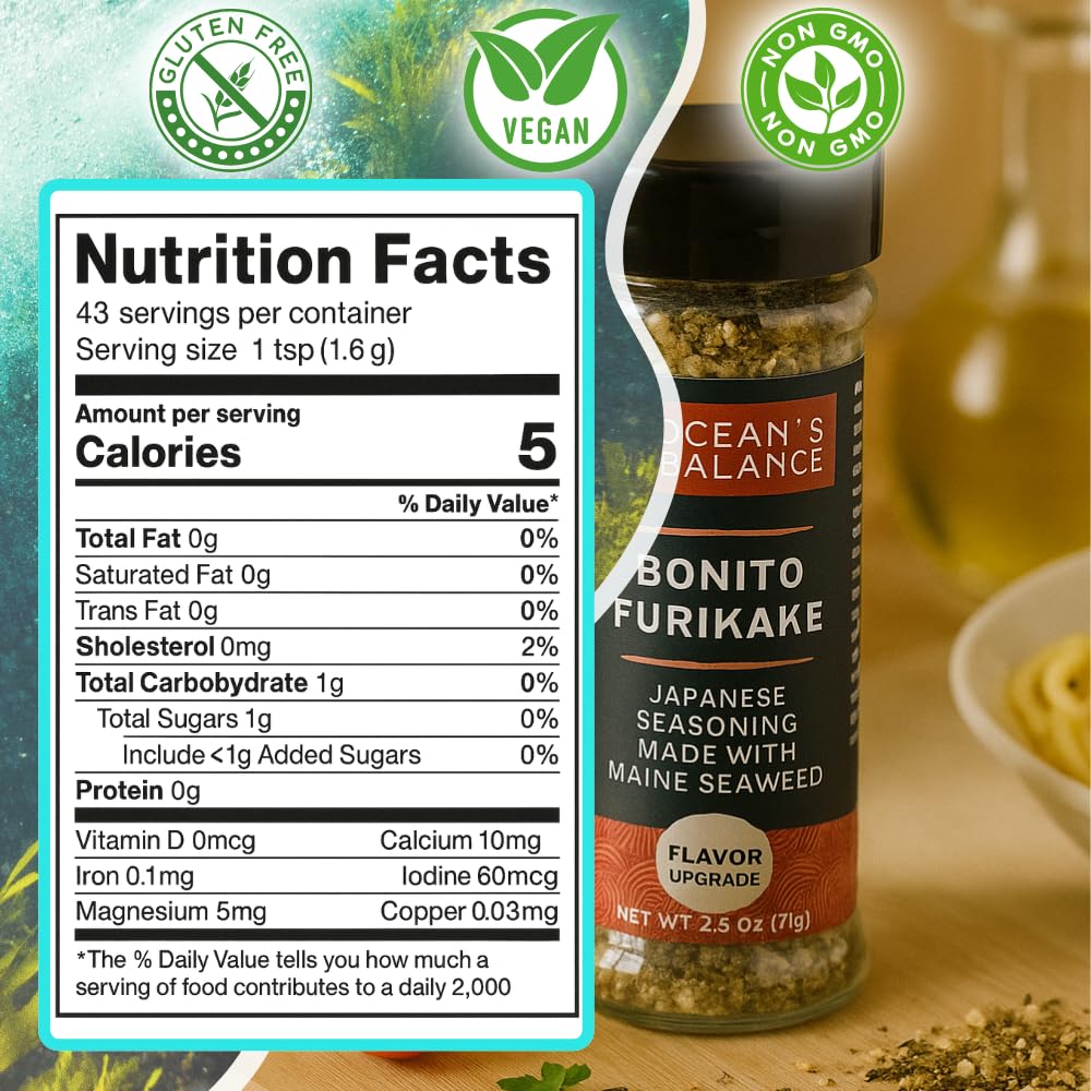 Oceans Balance Bonito Furikake Seasoning - Seaweed Seasoning with Bonito Flakes & Maine Coast Seaweed - Healthy Seaweed Salt Ble