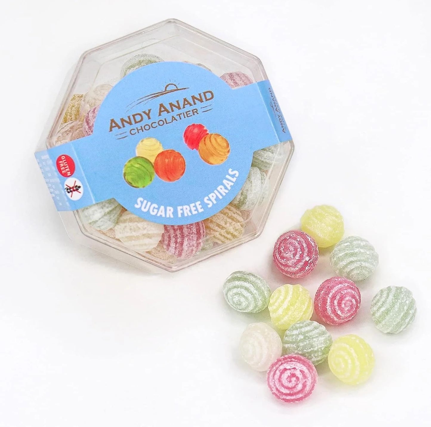 Andy Anand Sugar Free Hard Candy Spirals, 110pc Stevia Sweetened, Zero Sugar, 5 Flavors, 7 Oz, Made in Spain - Healthy Candy Assortment
