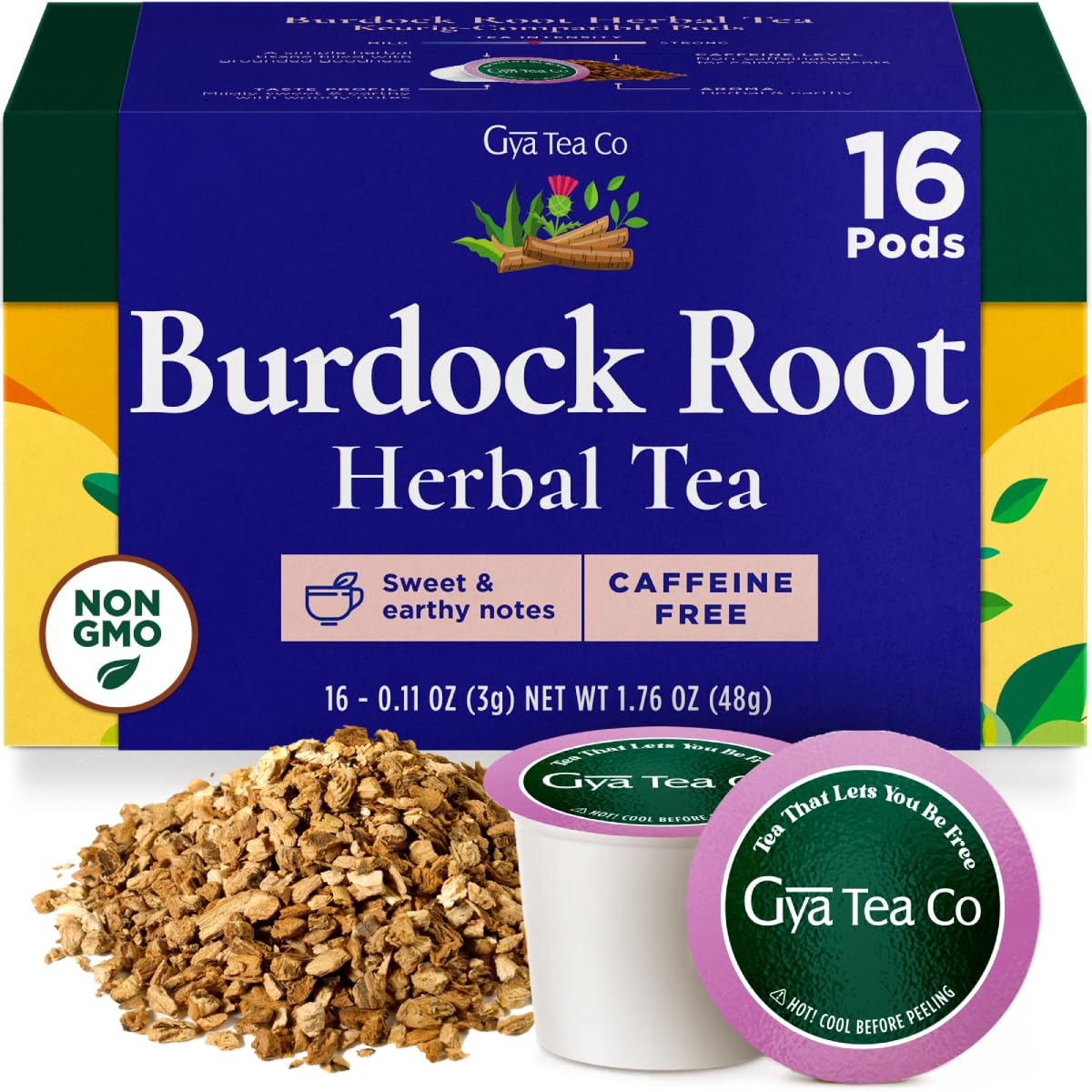Gya Tea Co Burdock Root Herbal Tea Pod (16 ct) - Decaf Earthy Burdock Tea Rich Nutrients for Digestive Health & Nourish