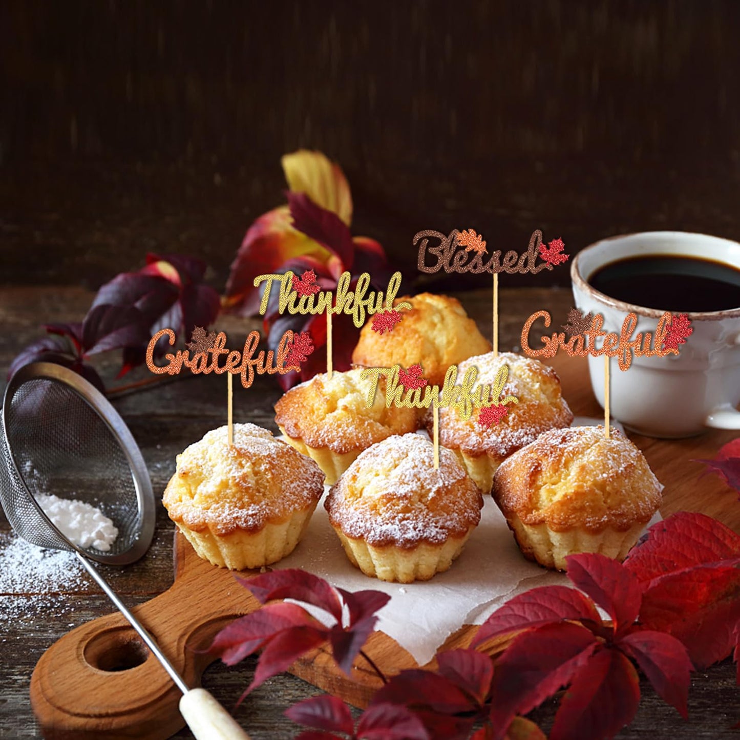 24 Pcs Fall Cupcake Toppers For Thanksgiving Day Decorations, Thankful Blessed Grateful Thanksgiving Cake Topper For Thanksgivin