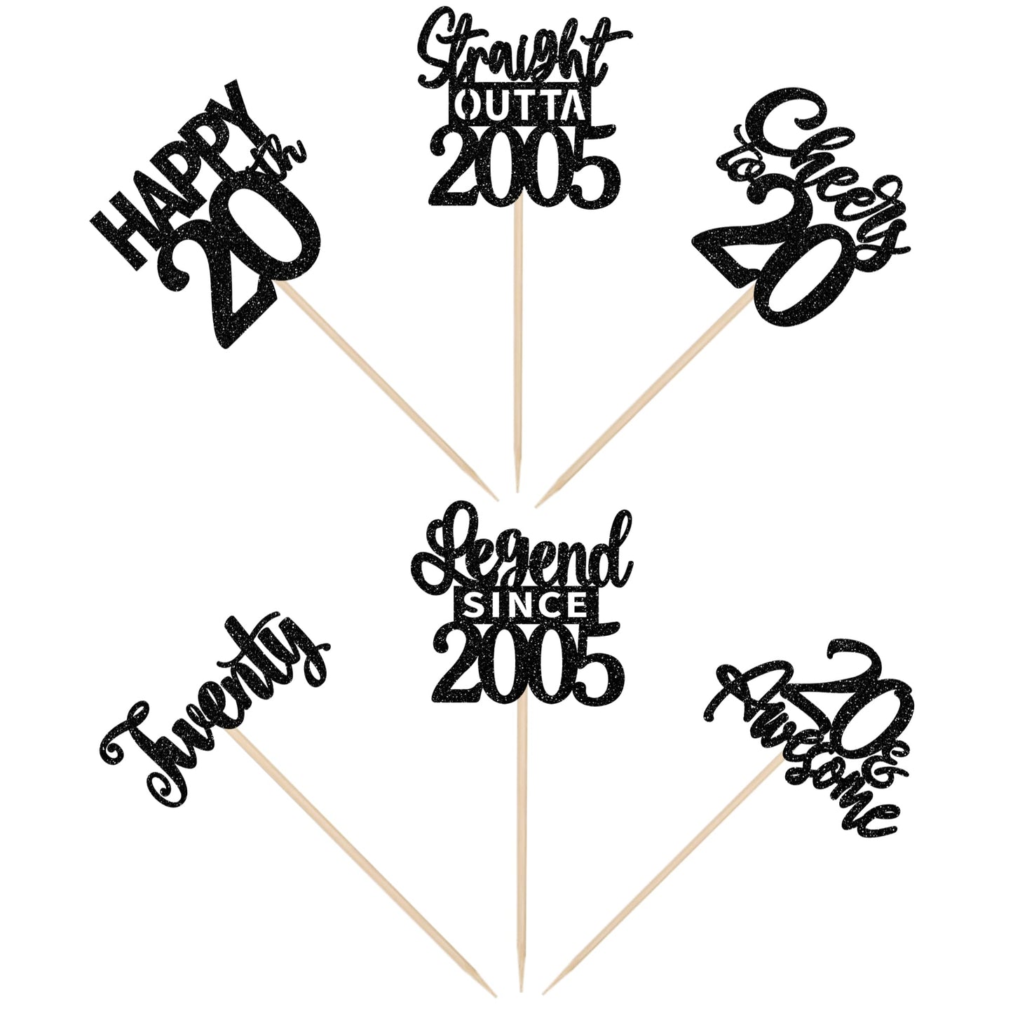 24Pcs Black Happy 20Th Birthday Cupcake Toppers Twenty Straight Outta 2005 Cupcake Picks Cheers To 20 Lengend Since 2005 Cake De