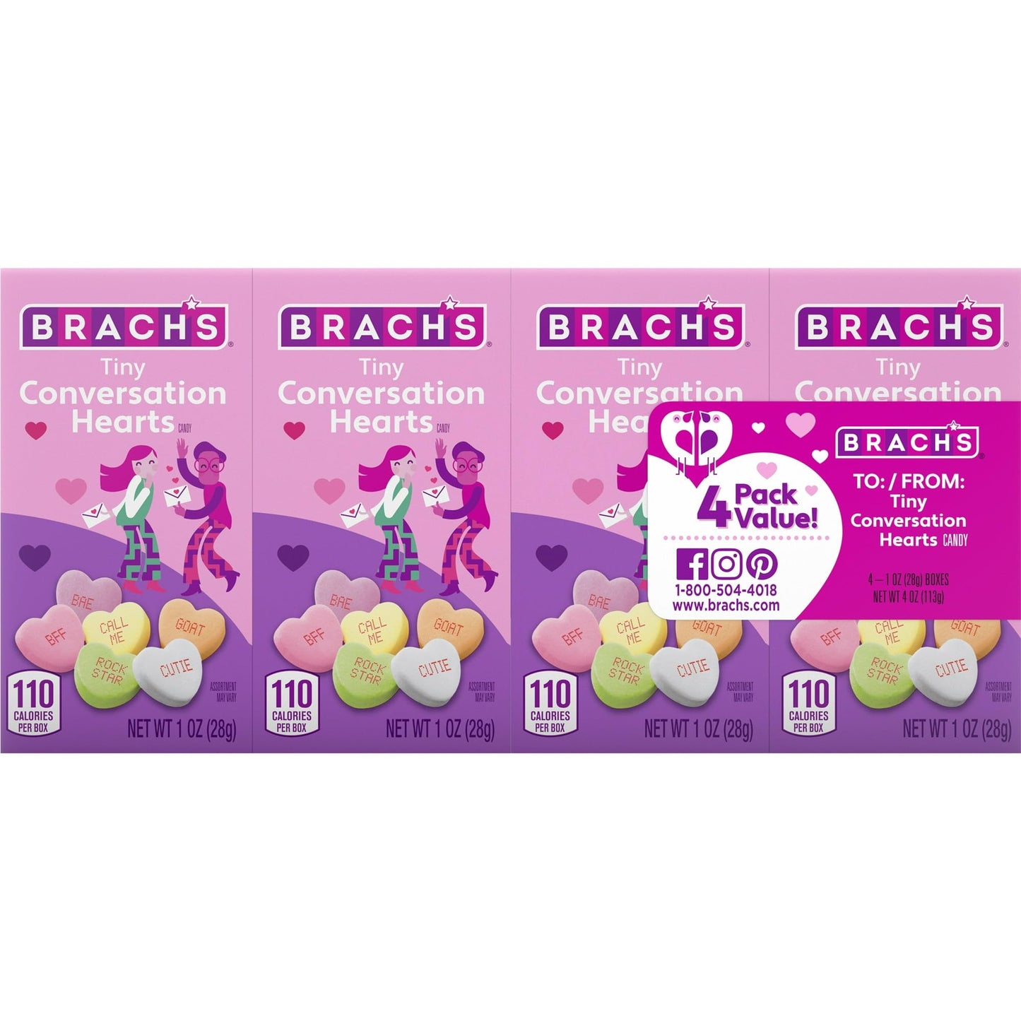 BrachS Tiny Conversation Hearts To/From Boxes, 1.0Oz, ValentineS Candy, 4 Individually Wrapped Packs