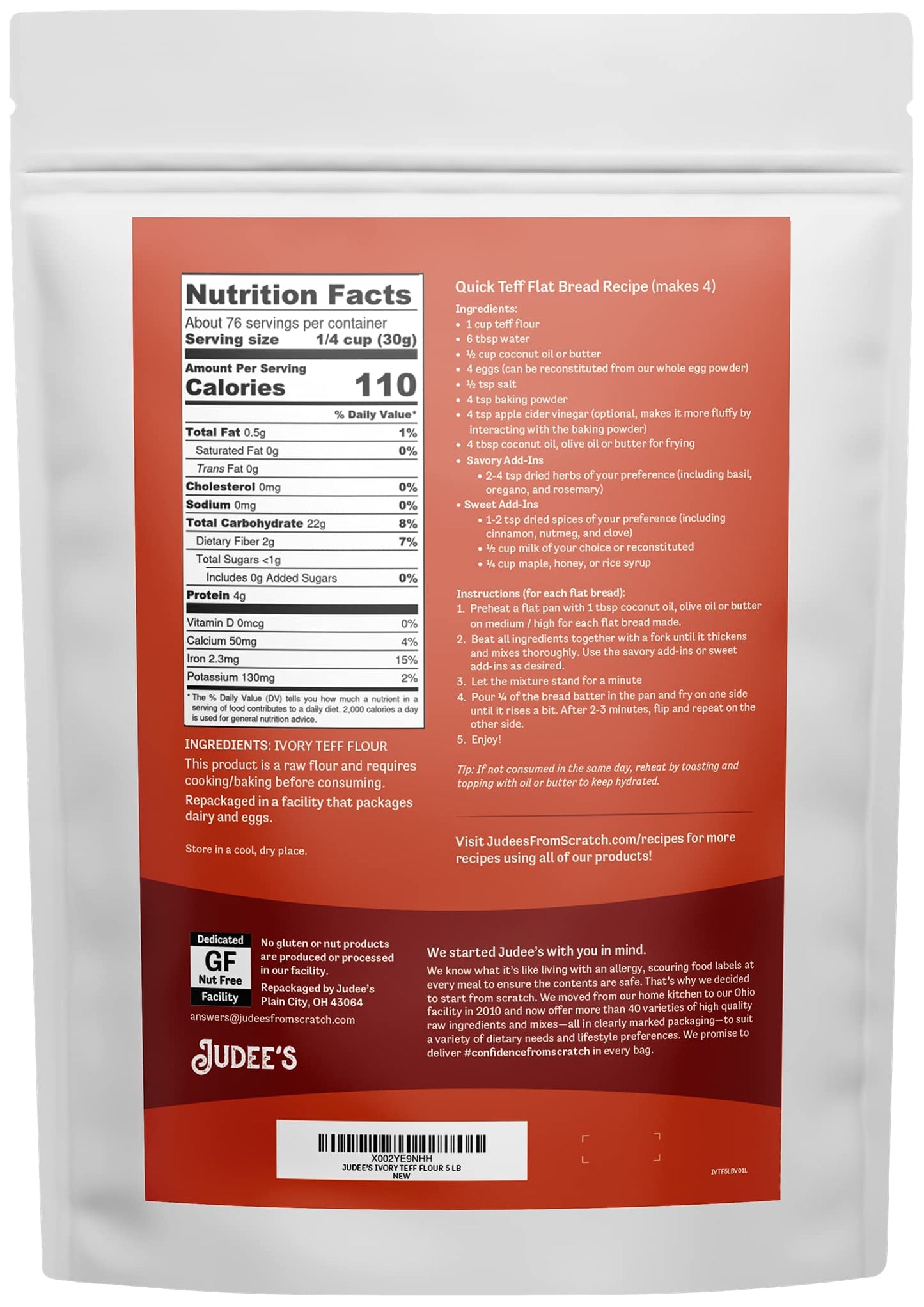 Judees Teff Flour - Gluten-Free, Non-GMO, Vegan, 5 lb - Great for Baking Bread, Muffins, Pancakes, and Cookies