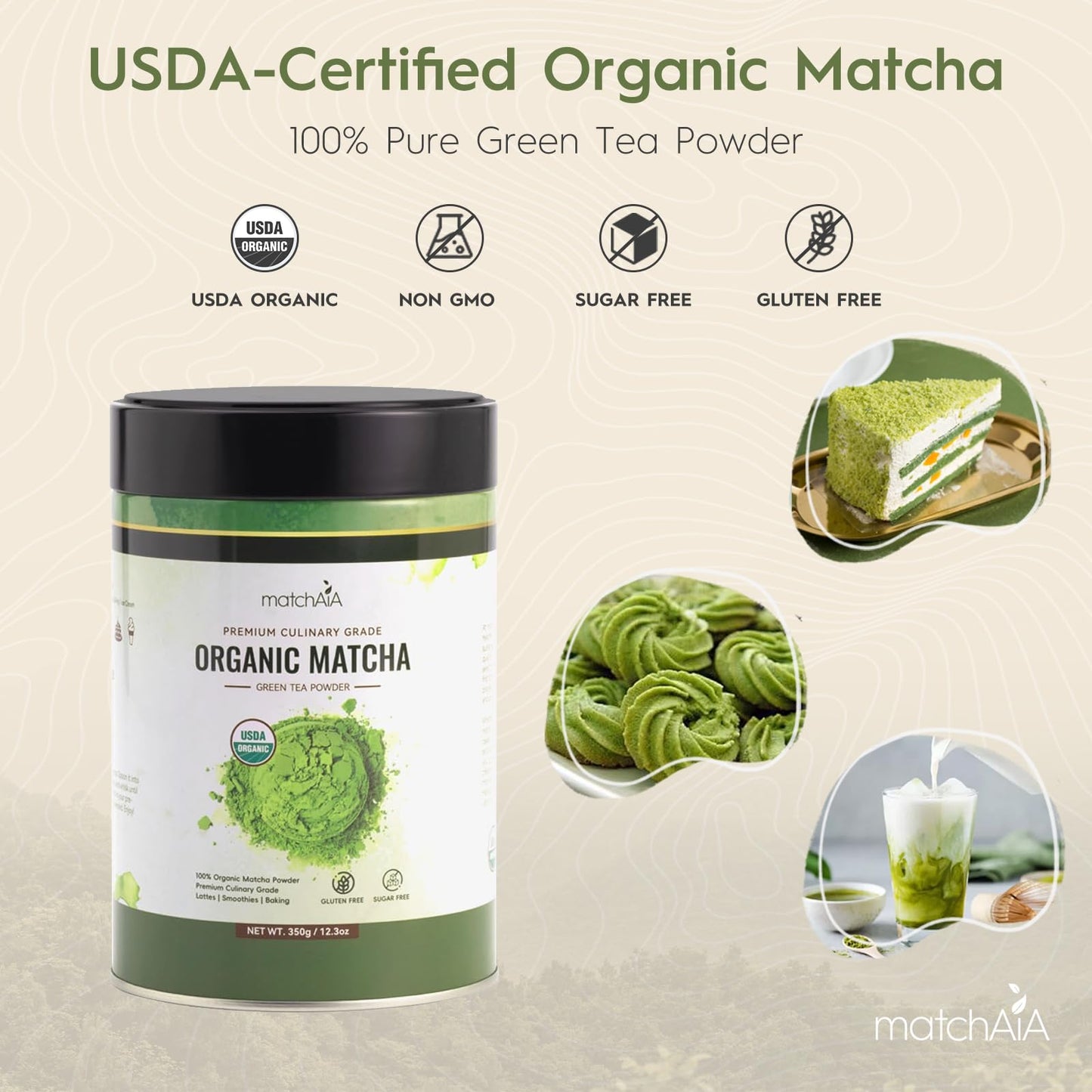 MatchAiA Organic Matcha Green Tea Powder, Culinary Grade, 350g (12.3oz), Sugar Free, Gluten Free