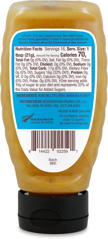 Wedderspoon Raw Premium Manuka Honey, Kfactor 12, 12 Oz, Unpasteurized, Genuine New Zealand Honey, Non-Gmo Superfood, Traceable