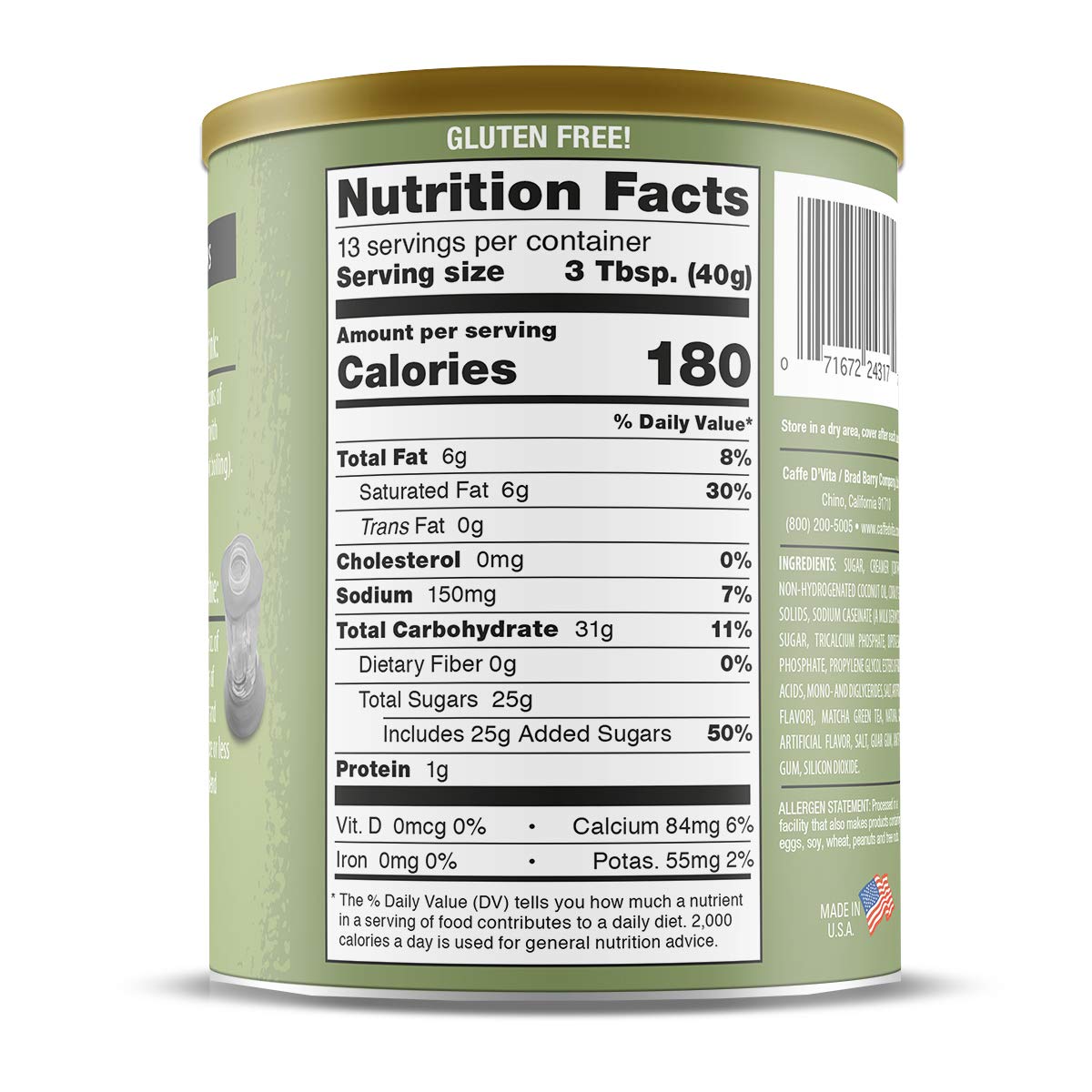 Caffe DVita Matcha Green Tea Drink Mix, Gluten Free, Low Fat, 19 Oz Can