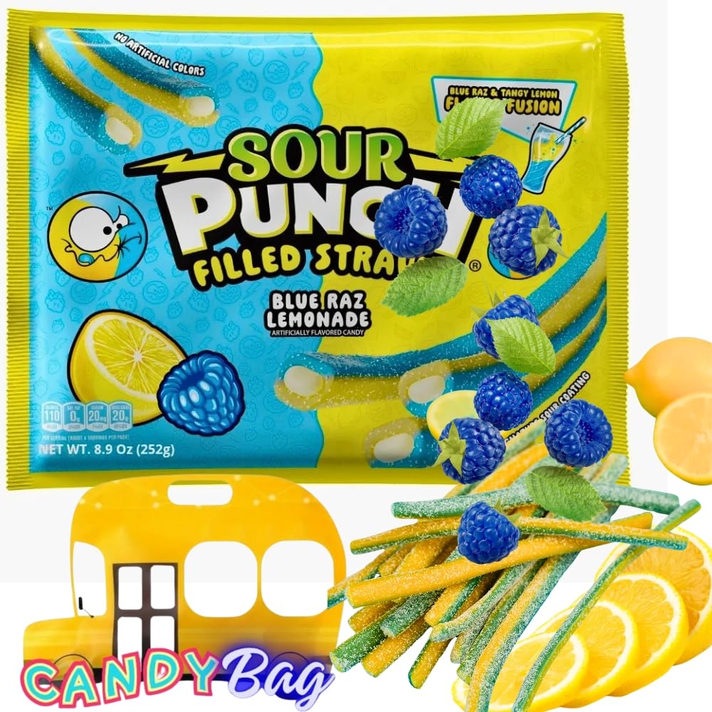 Sour Filled Bites Straws - 8.9oz Extra Value Bag - Dual Flavor Fusion Blue Raspberry & Lemon - Comes With One Bus Resealable Zip