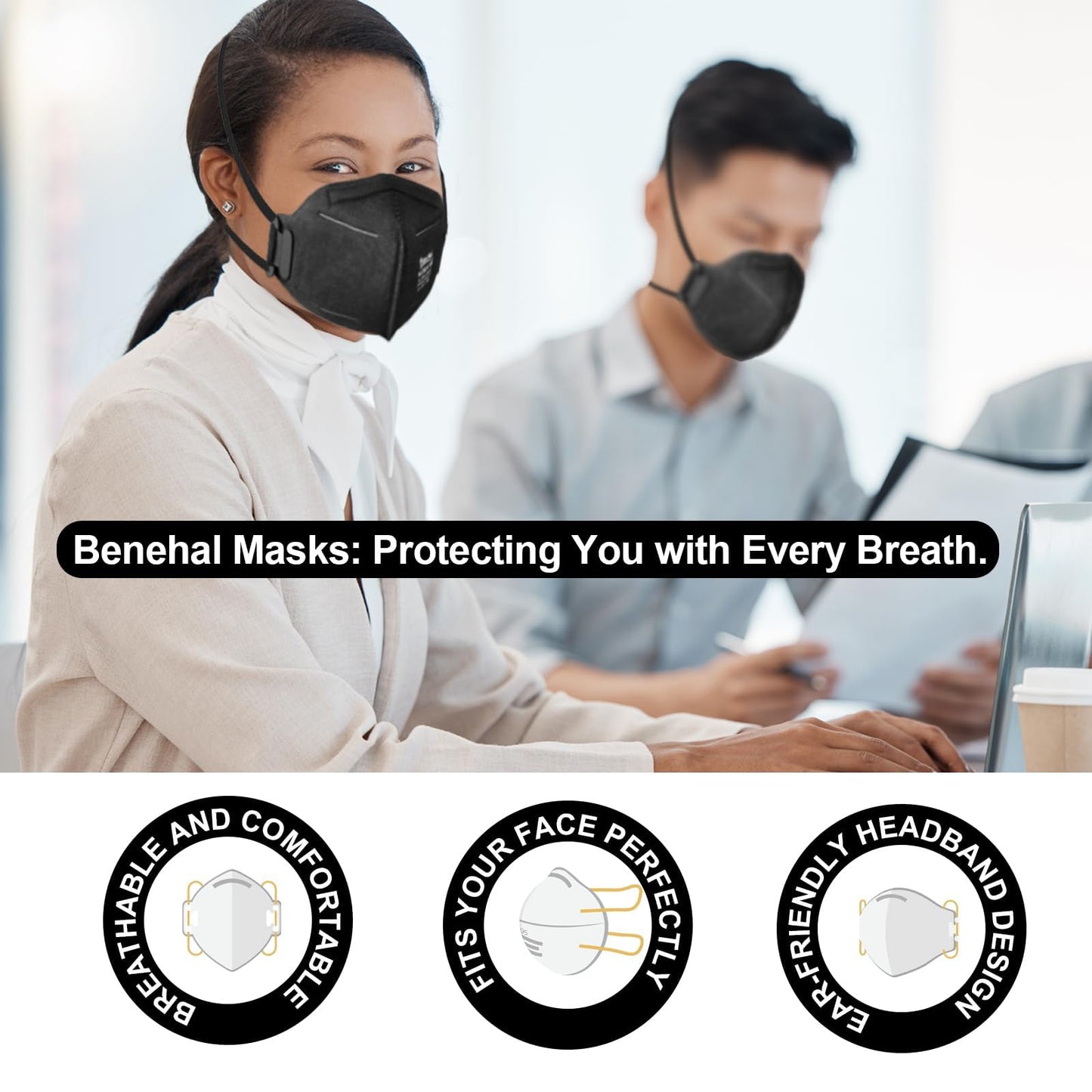 Benehal Niosh Approved N95 Face Masks Particulate Respirators, Pack Of 25 N95 Masks, Individually Wrapped, Black