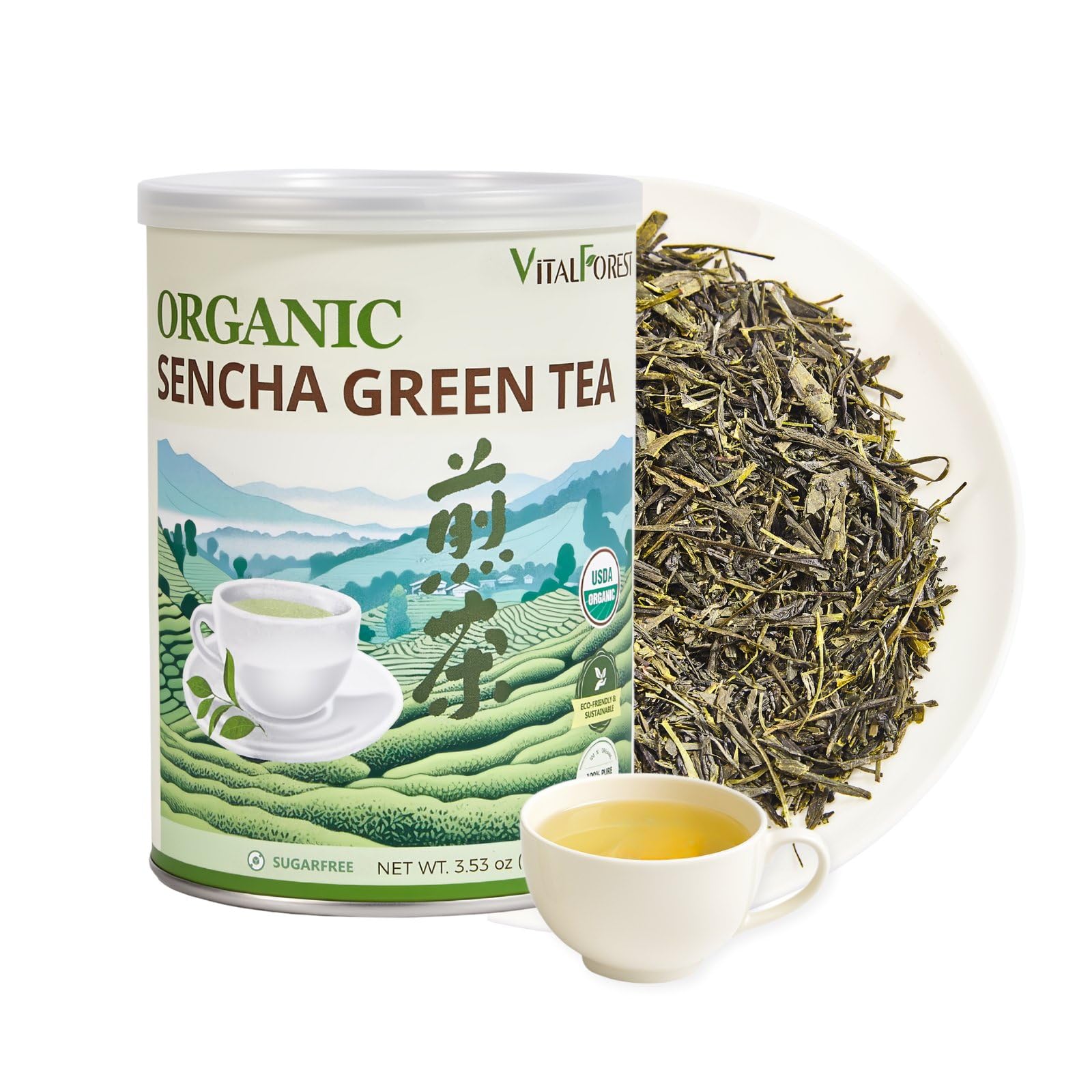 Organic Sencha Green Tea Loose Leaf - 3.53oz/100g  USDA Organic  Whole Leaf Green Tea  VitalForest enhanced Steam-Fixed Green Tea  Mild Umami Taste
