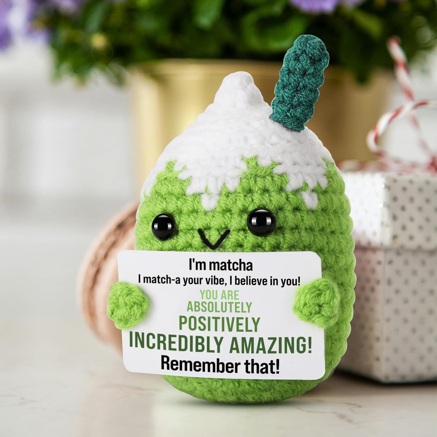 Ovrrcame Affirmations Crochet Matcha Buddy - Positive Vibes Card, 3.15 x 2 x 2 inches, You Are Amazing, Motivational Gift for Her