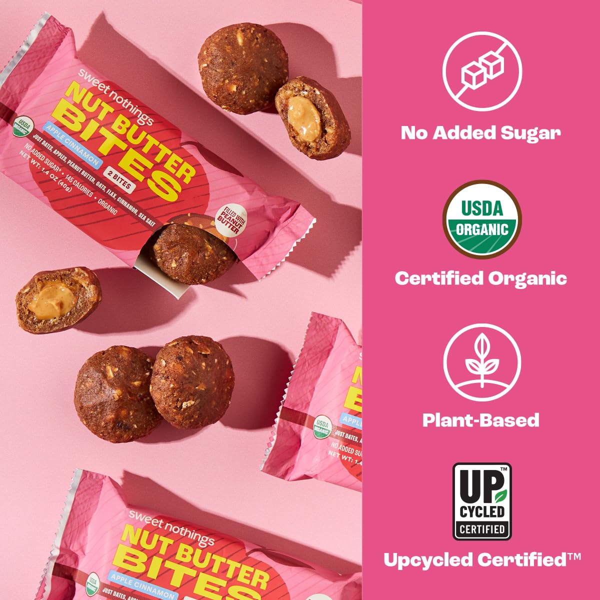 Sweet Nothings, Apple Cinnamon, Usda Organic Nut Butter Bites Protein Bar, Nut & Date Snack, Filled With Peanut Butter, 12-2 Bit