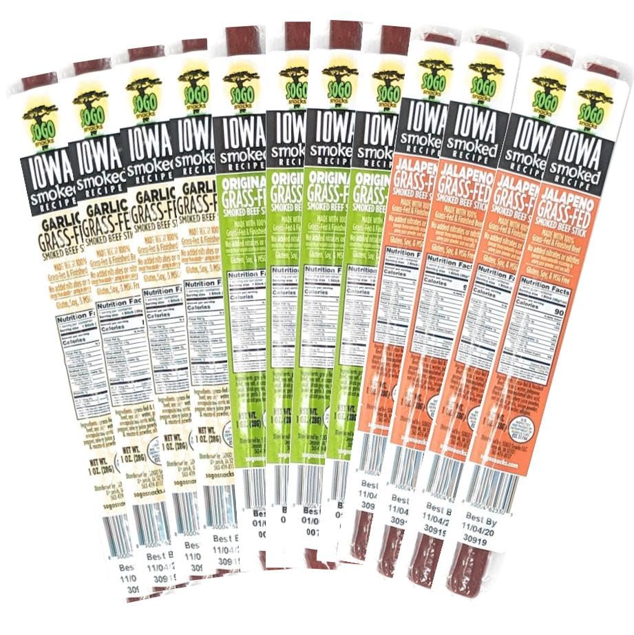 Sogo Snacks Beef Jerky Variety Pack, 3 Flavors, 24 Count, No Sugar, Non-GMO, Grass Fed, Paleo, Keto Snack