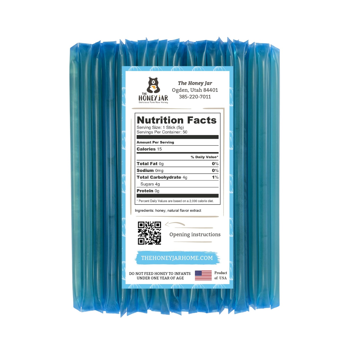 The Honey Jar Coconut Flavored Honey Sticks - Pure Honey Straws - 50 Count - Blue Coconut