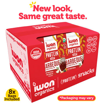 IWON Organics Mesquite BBQ Flavor Snack Stix, High Protein and Organic Healthy Snacks, 8 Bags, 1.5 Ounce