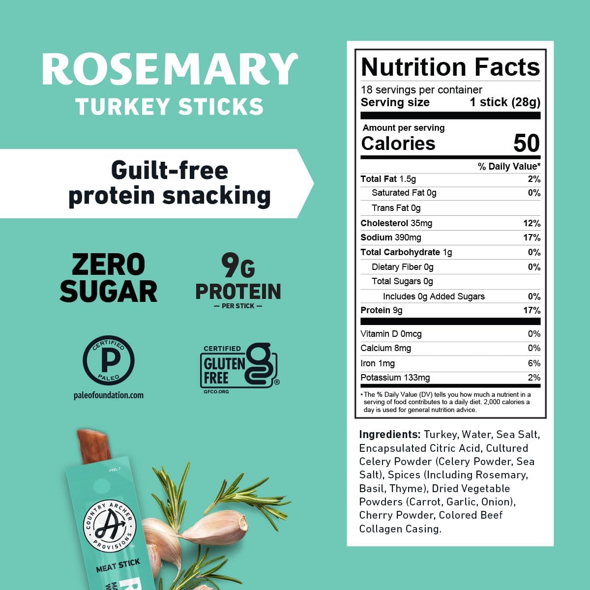 Rosemary Turkey Sticks By Country Archer, 100% Natural, Gluten Free, High Protein Snacks, 1 Ounce (Pack Of 18)