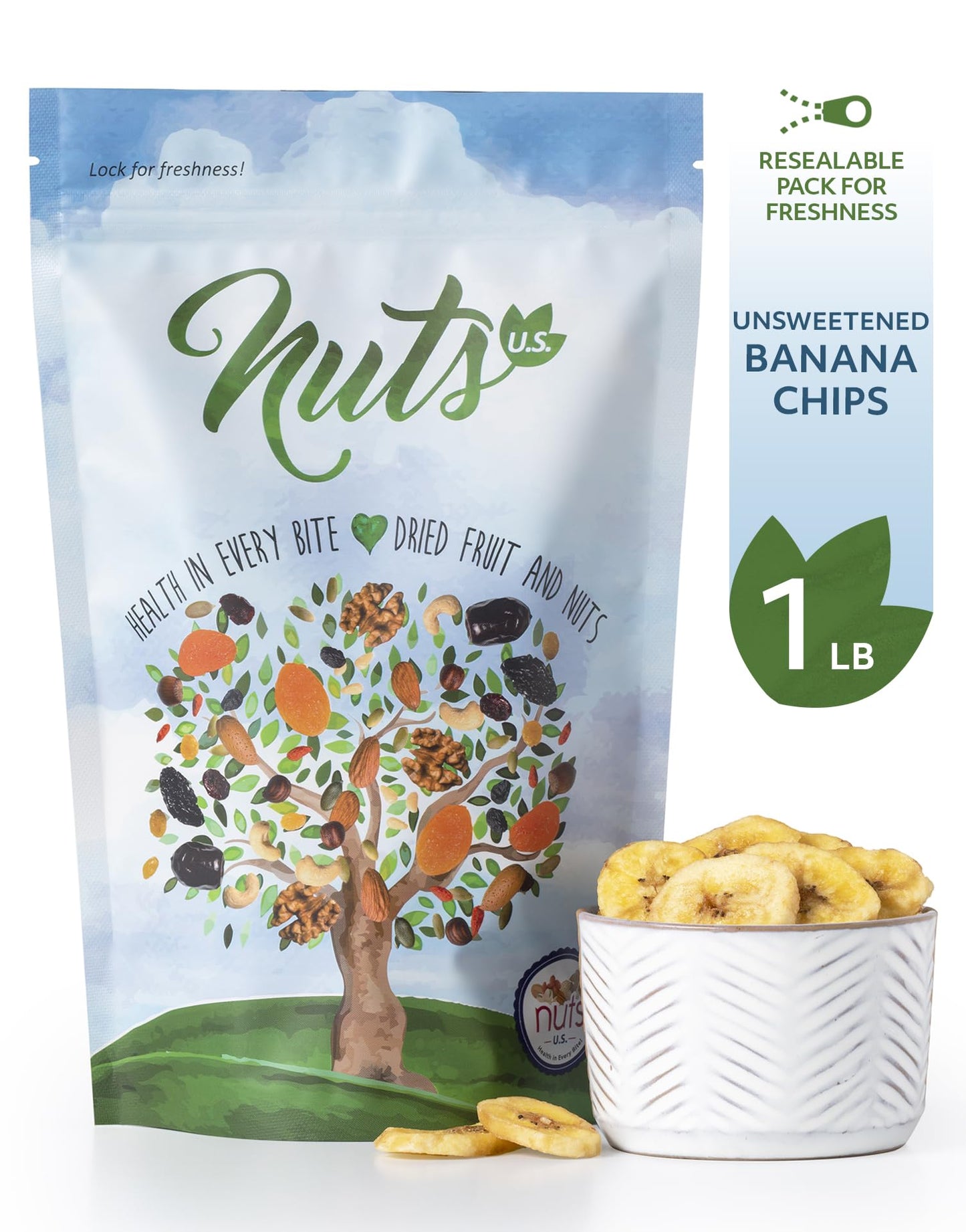 NUTS U.S. Unsweetened Banana Chips, No Sulphur, Non-GMO, 1 Pound Resealable Bag