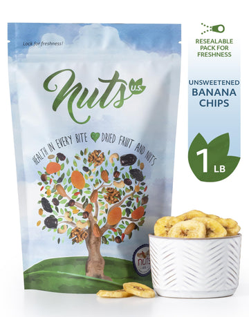 NUTS U.S. Unsweetened Banana Chips, No Sulphur, Non-GMO, 1 Pound Resealable Bag