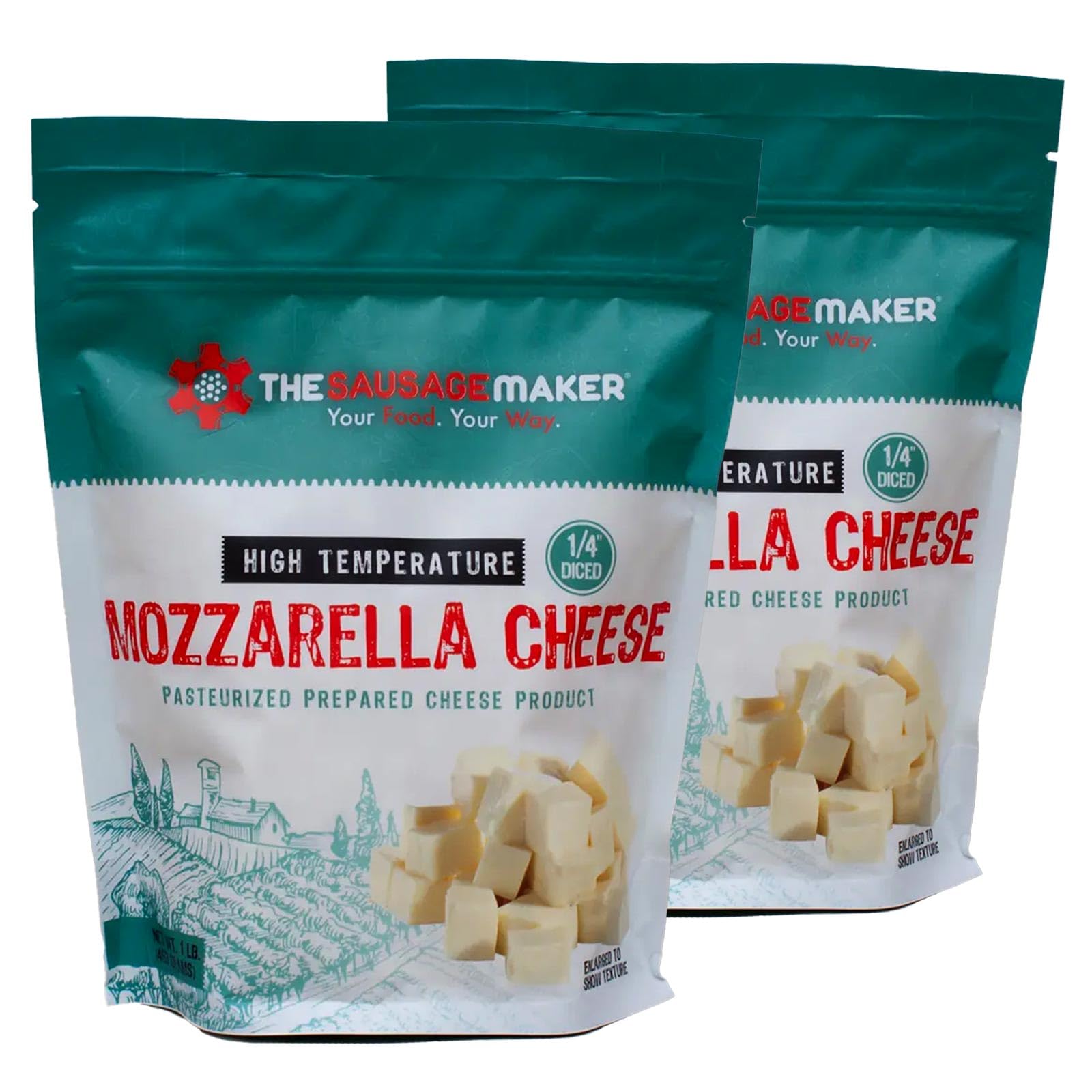 The Sausage Maker® High Temp Mozzarella Cheese 2 Lbs Hi-Temp Cheese For Sausage Making, 1/4 Diced Cube, 400° Temperature High Heat Cheese For Grilling, Salami, Snack Sticks, Summer Sausage