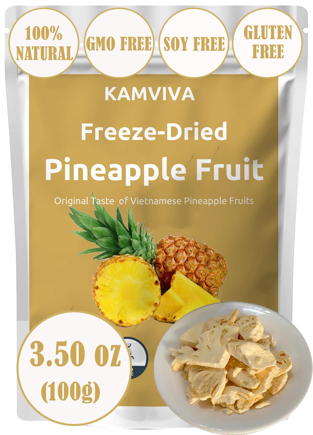 KAMVIVA Vietnams Freeze Dried Pineapple Fruit, 100g/3.5 Oz, 100% Natural, Pineapple Chunks, Bites, No Sugar Added, Non GMO, Glu