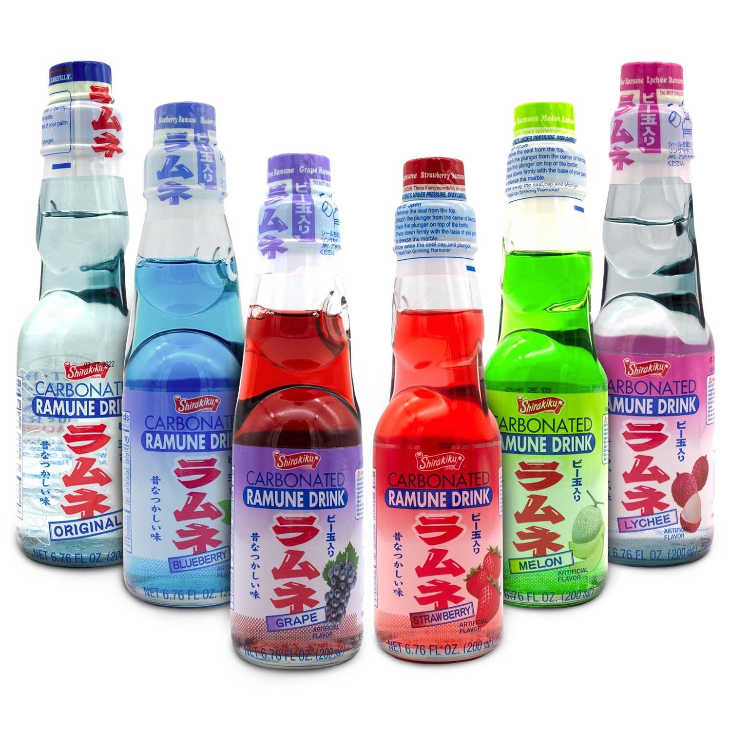 Shirakiku Ramune Japanese Soda Variety Pack | Japanese Marble Soda in Multiple Flavors | Original, Strawberry, Melon, Lychee, Gr