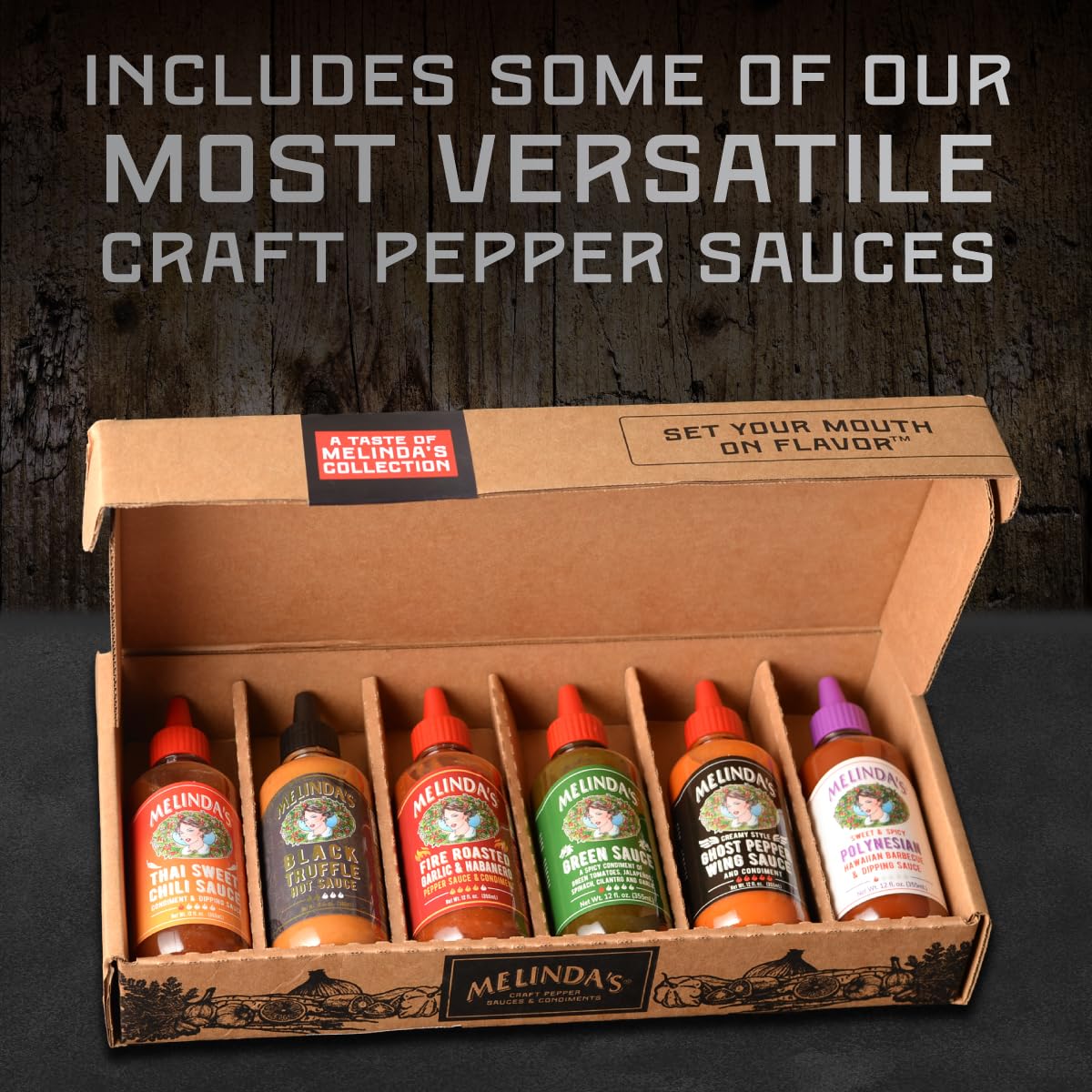 Melindas Craft Pepper Sauce Gift Set - Black Truffle, Thai Chili, Garlic, Habanero, Ghost Pepper, Spicy Polynesian - 12 oz, 6 Pack