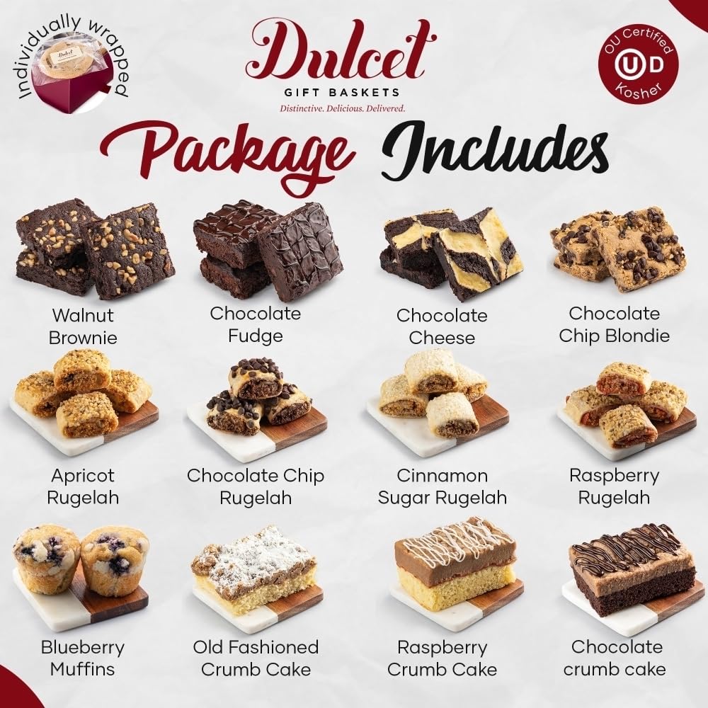 Dulcet Gift Baskets Deluxe Gourmet Food Gift Basket, Cakes For Delivery For Families Men And Women: Includes Assorted Brownies, Crumb Cakes Rugelah, And Muffins. Great Gift Idea!
