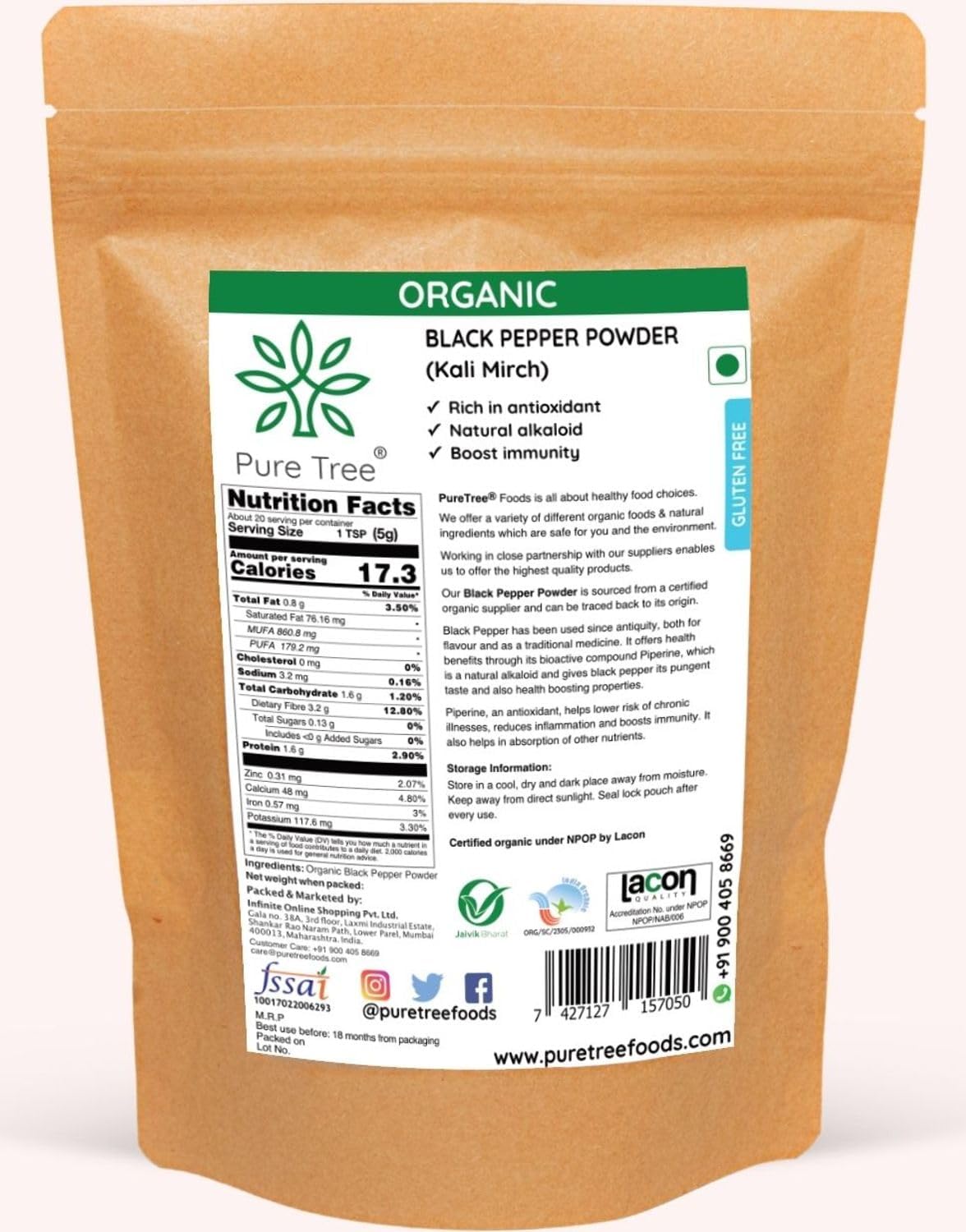 Pure Tree Certified Organic Black Pepper Powder | 250 G | Kali Mirch Powder | Black Peppercorn Kaali Mirch | Aromatic Black Pepp