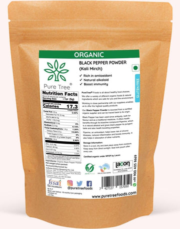 Pure Tree Certified Organic Black Pepper Powder | 250 G | Kali Mirch Powder | Black Peppercorn Kaali Mirch | Aromatic Black Pepp