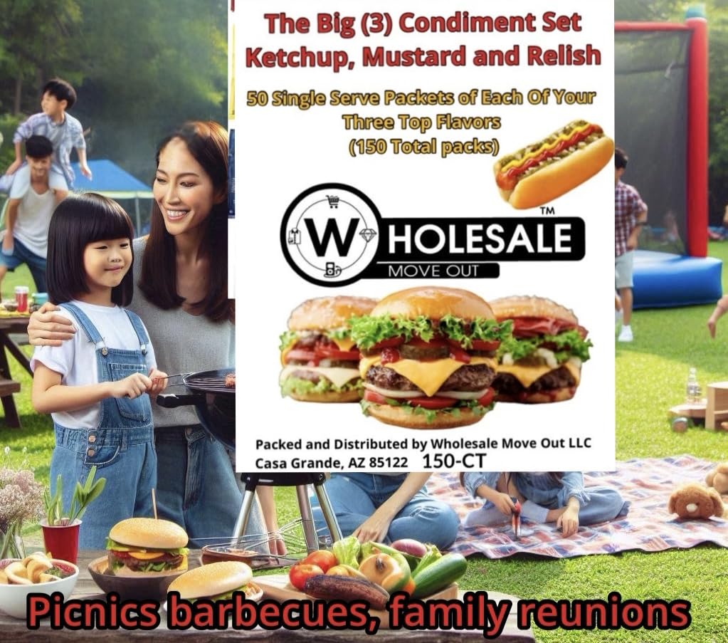 Wholesale Move Out Condiment Variety Pack, 150 Single Serve Packets, Ketchup Mustard Relish, 50 Each