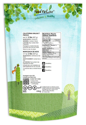 Food To Live California Walnut Pieces, 2 Pounds - Chopped Nuts, Shelled, Raw, Unsalted, Vegan, Bulk. Keto Snack. Good Source Of