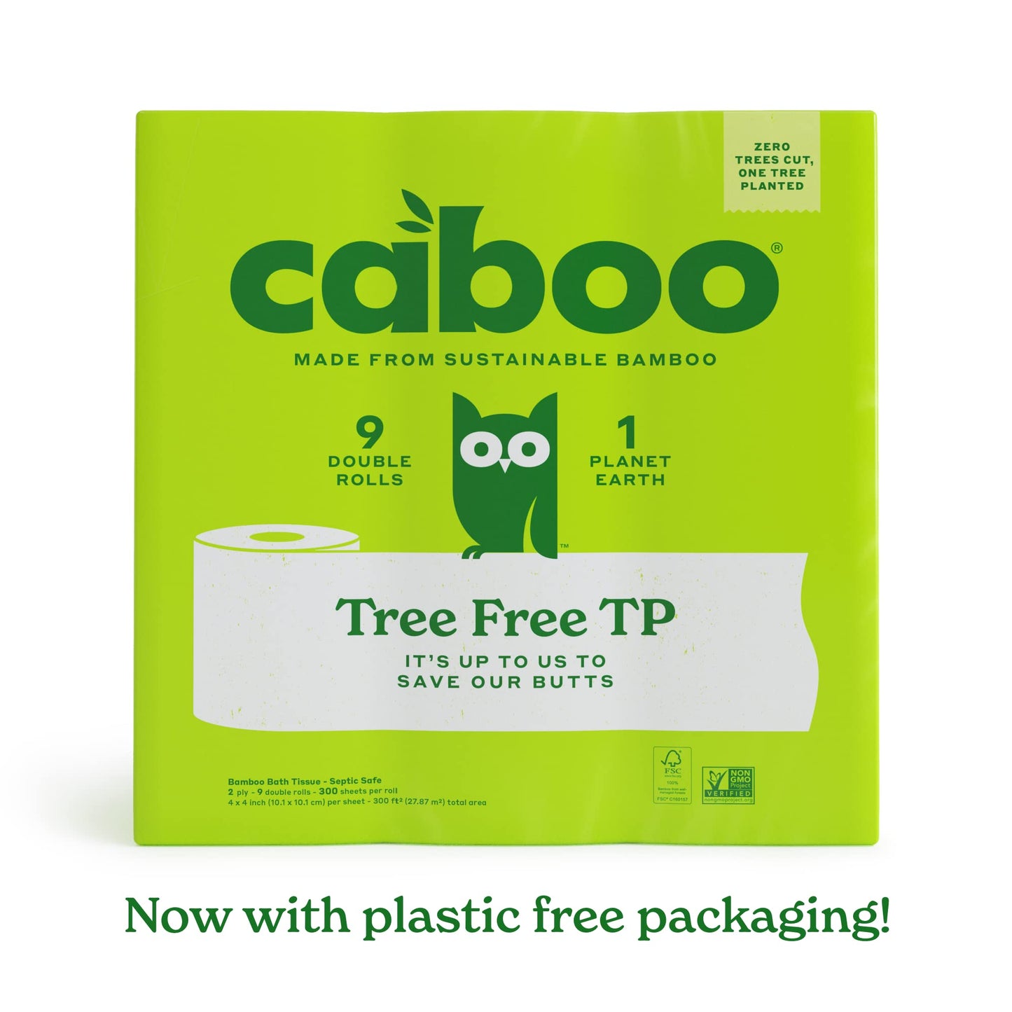 Caboo Tree Free Bamboo Toilet Paper, Plastic Free, Eco Friendly, Septic Safe, Biodegradable Bath Tissue With Soft, Quick Dissolving 2 Ply Sheets (300 Sheets Per Roll, 9 Double Rolls)