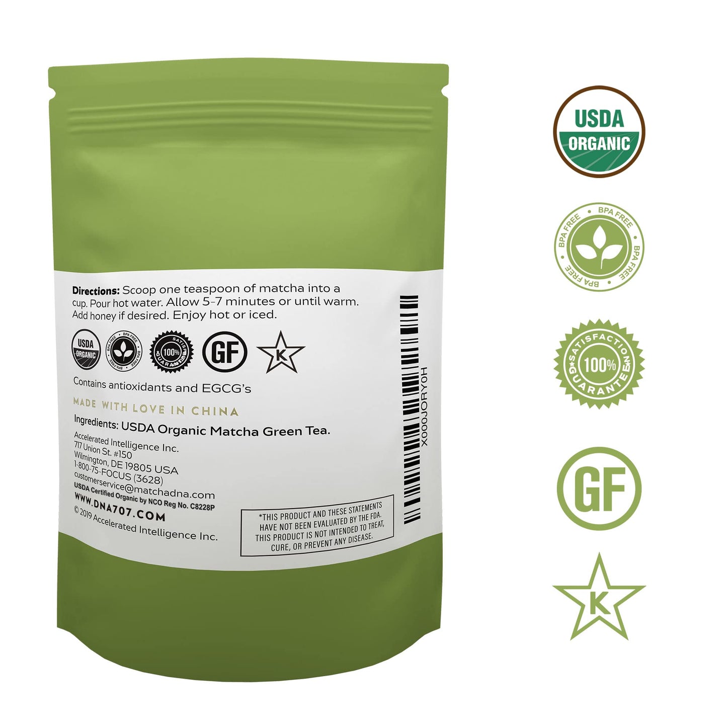Matcha Dna Green Tea Powder Culinary Grade Powdered High In Antioxidants Usda Organic, 8 Ounce