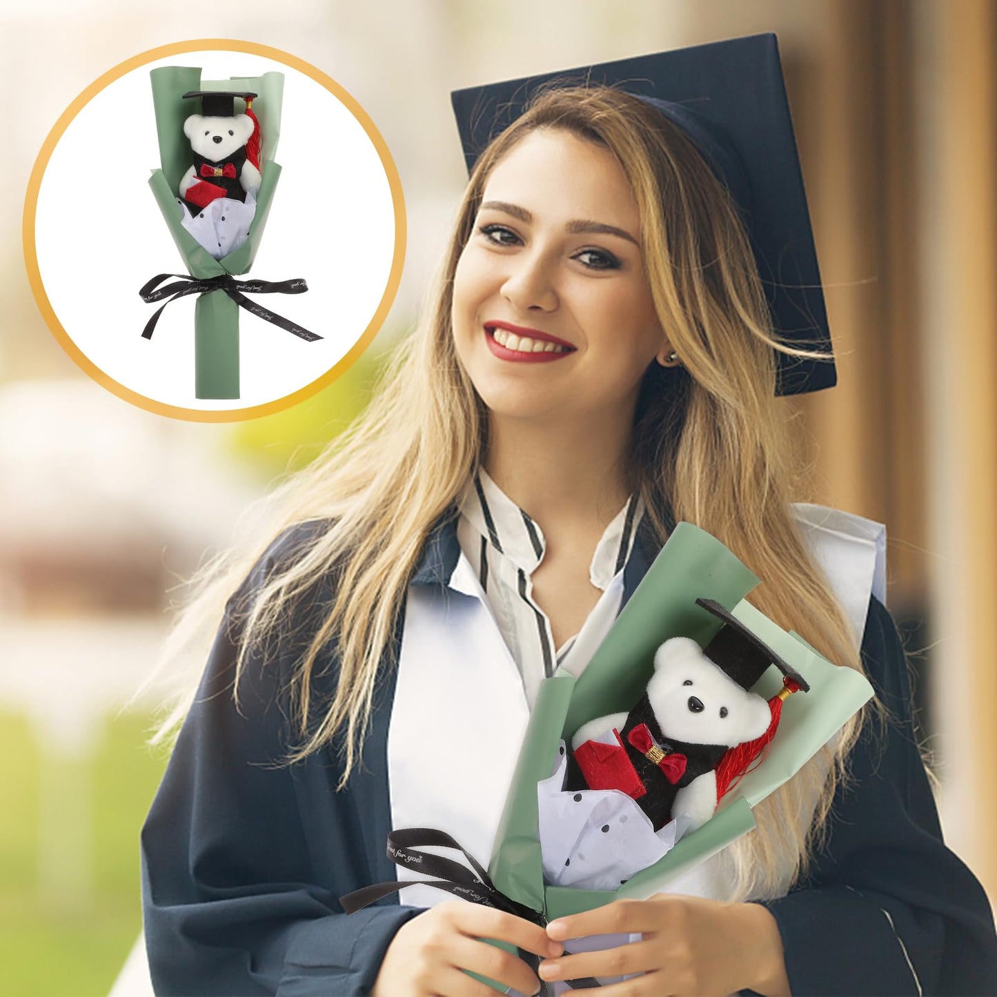 Tofficu 2 Bunches Of Green Graduation Teddy Bear Bouquet With Plush Roses - Decorative Floral Arrangements For Graduation Party