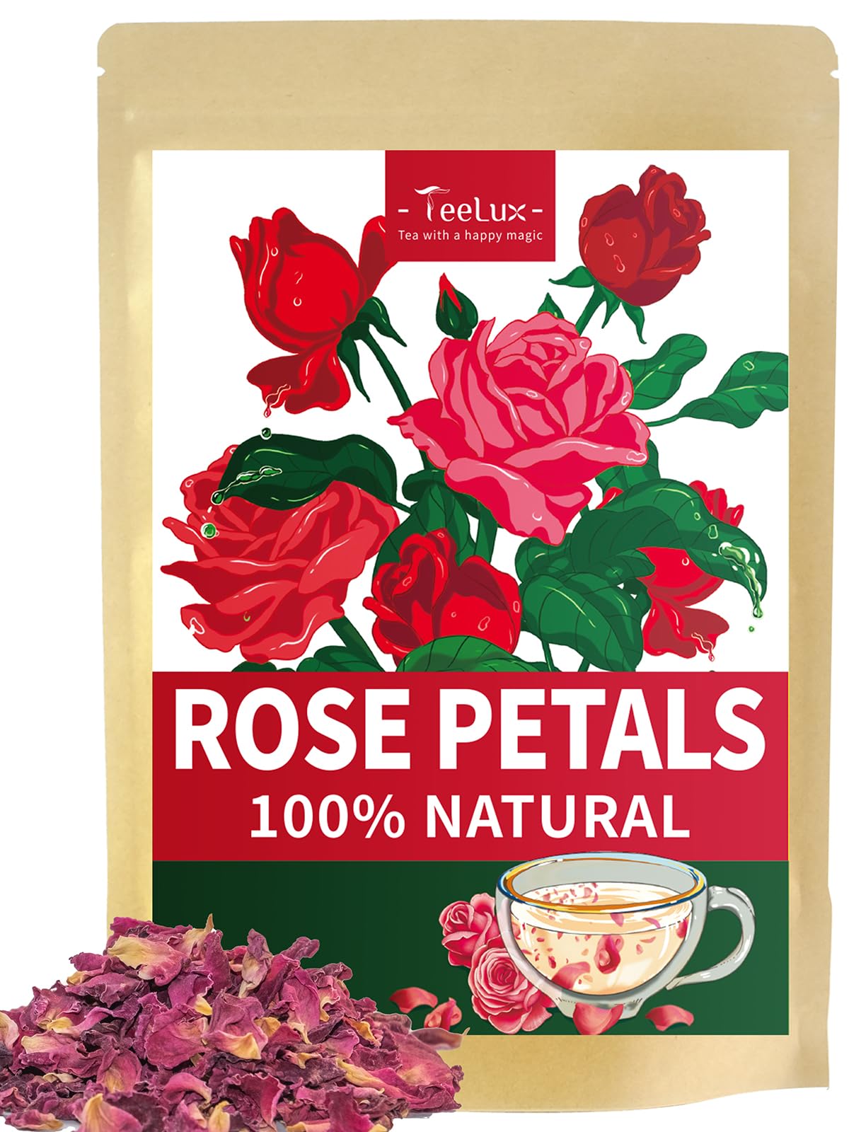 TeeLux Rose Petals Tea, Premium Dried Rose Flowers for Drinks & Baking, Caffeine Free, 2.82oz
