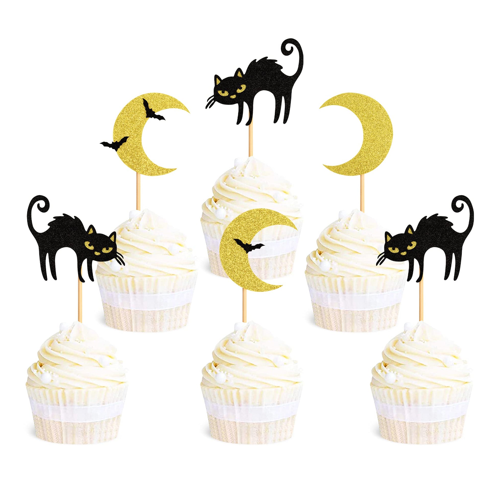 Ercadio 24 Pack Cat Halloween Cupcake Toppers Moon Bat Cupcake Picks Halloween Themed Birthday Party Cake Decorations Supplies