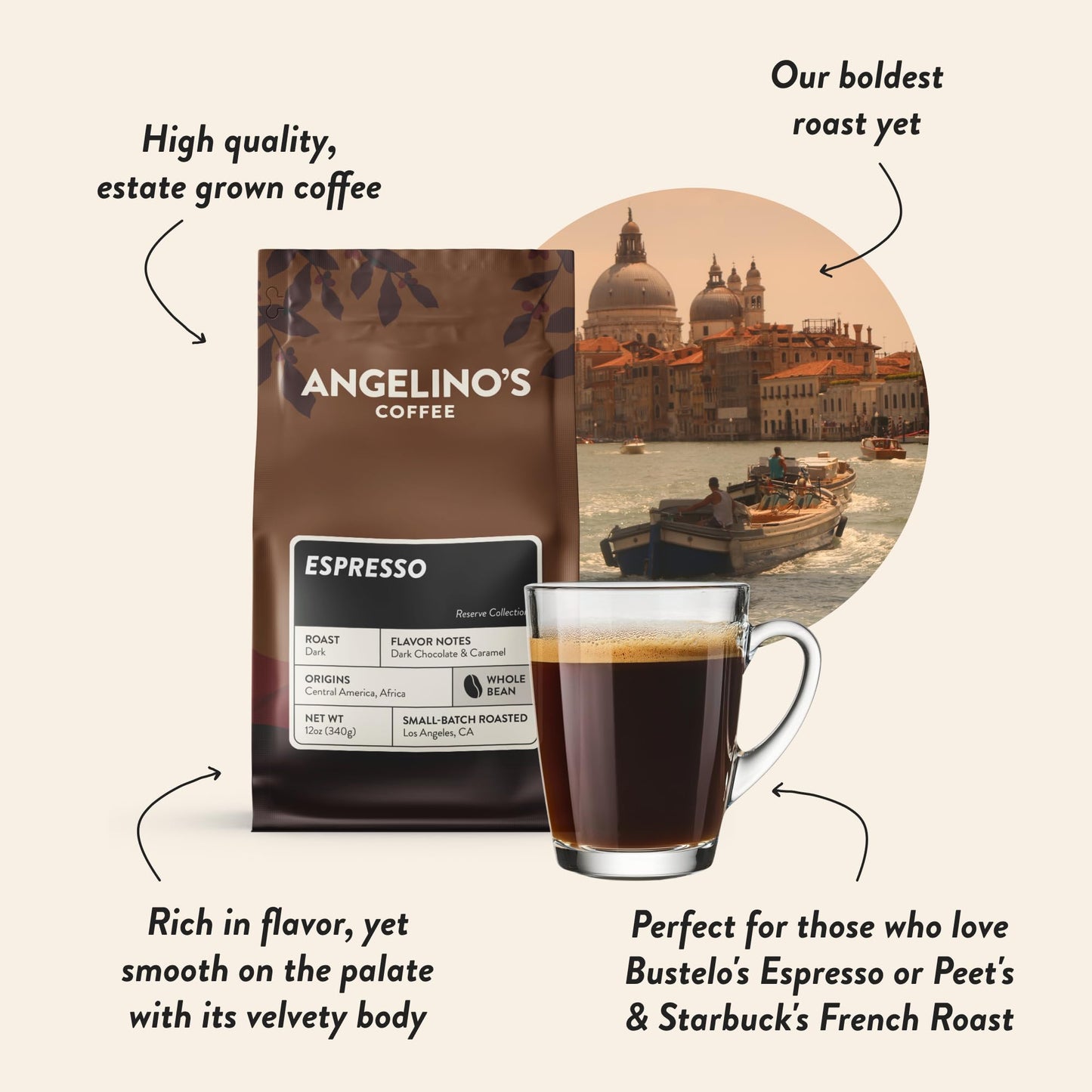 Angelino's Coffee Dark Roast Espresso Beans, 12oz Whole Bean with Dark Chocolate & Caramel Notes, Small Batch Crafted Reserve Collection