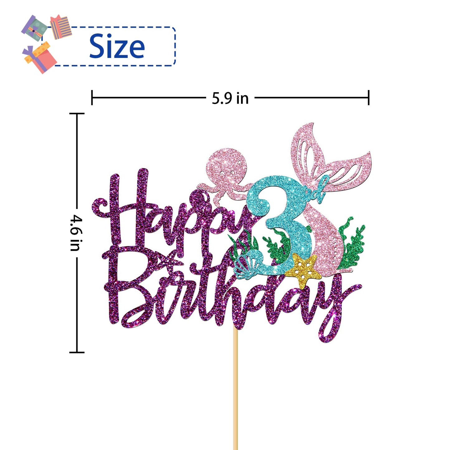 Roadsea Mermaid Happy 3Rd Brithday Cake Topper - Under The Sea Theme Girl Kid Three Birthday Cake Supplies/Ocean World 3Rd Merma