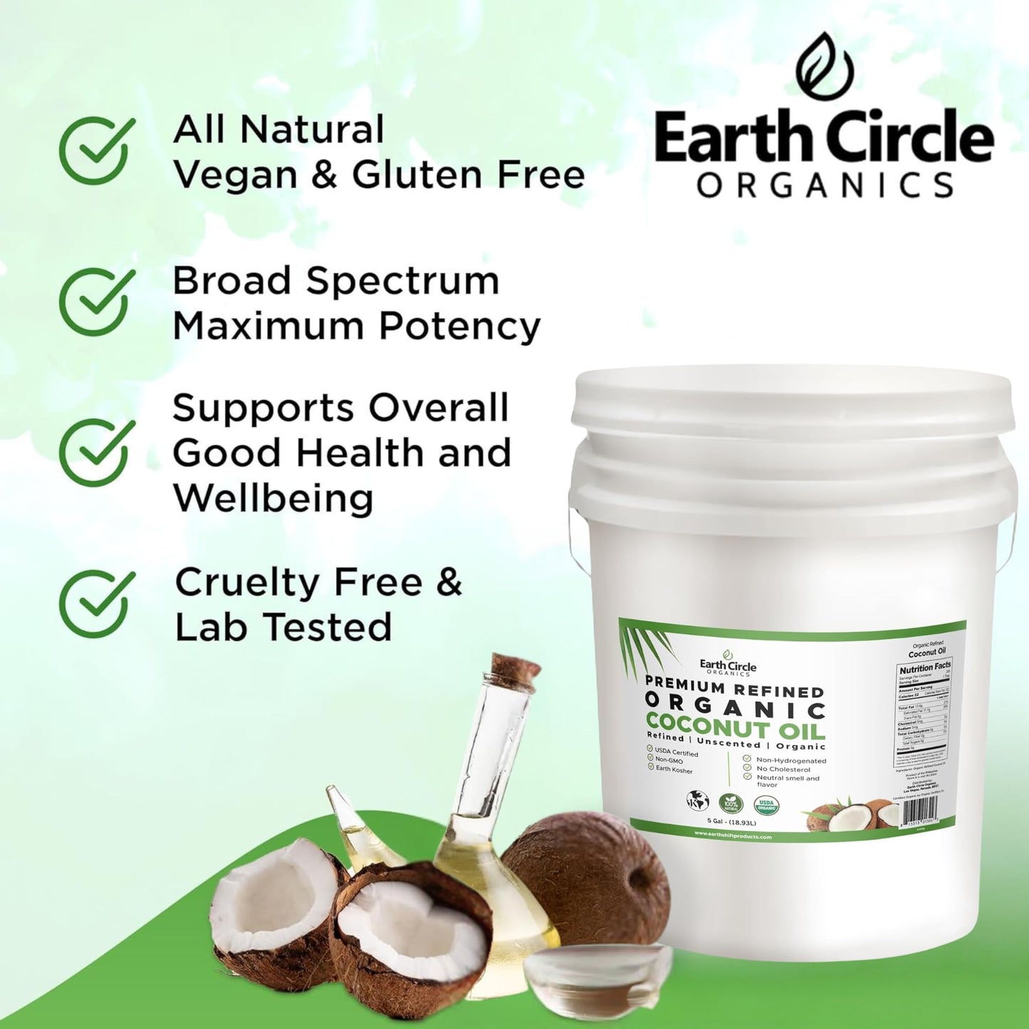 Earth Circle Organics Refined Coconut Oil - Ultra Premium Steam Refined, Keto & Paleo Friendly, Zero Coconut Taste Or Smell - Fo