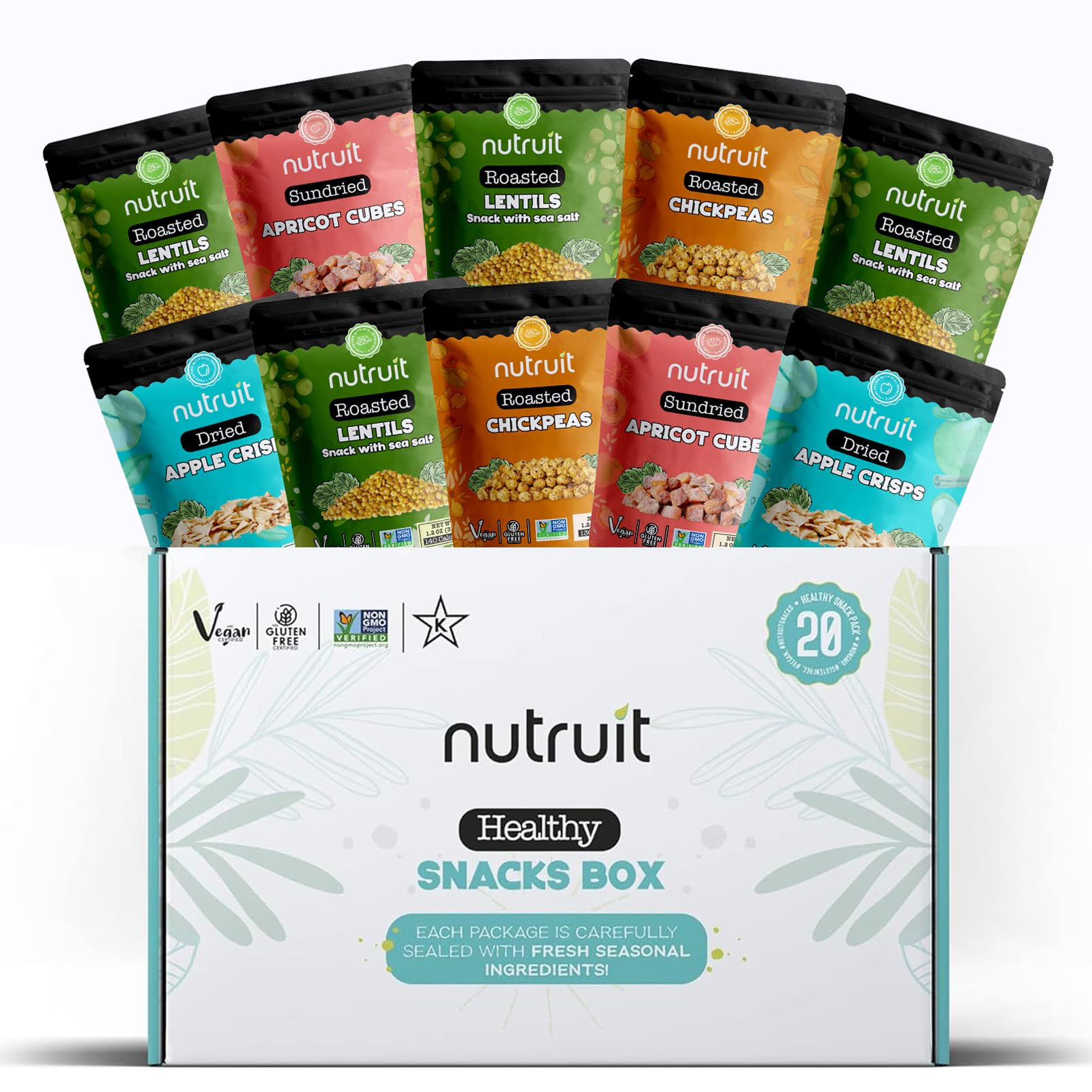 Nutruit Gourmet Snack Box - 20 Vegan Snacks, Gluten-Free, No Sugar Added, 1.1oz Packs, White