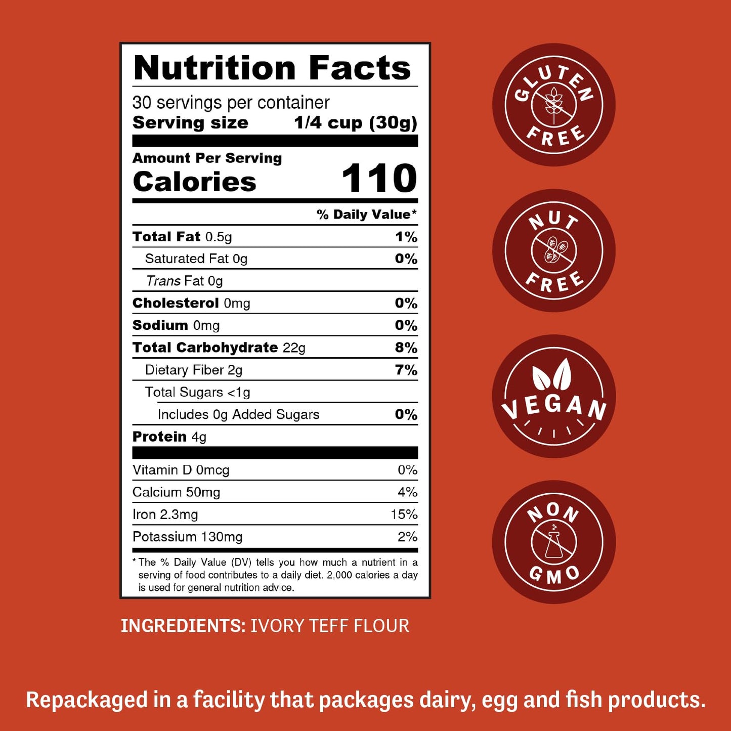 Judees Gluten Free Teff Flour, Gluten-Free, Vegan, Non-GMO, 2 lb