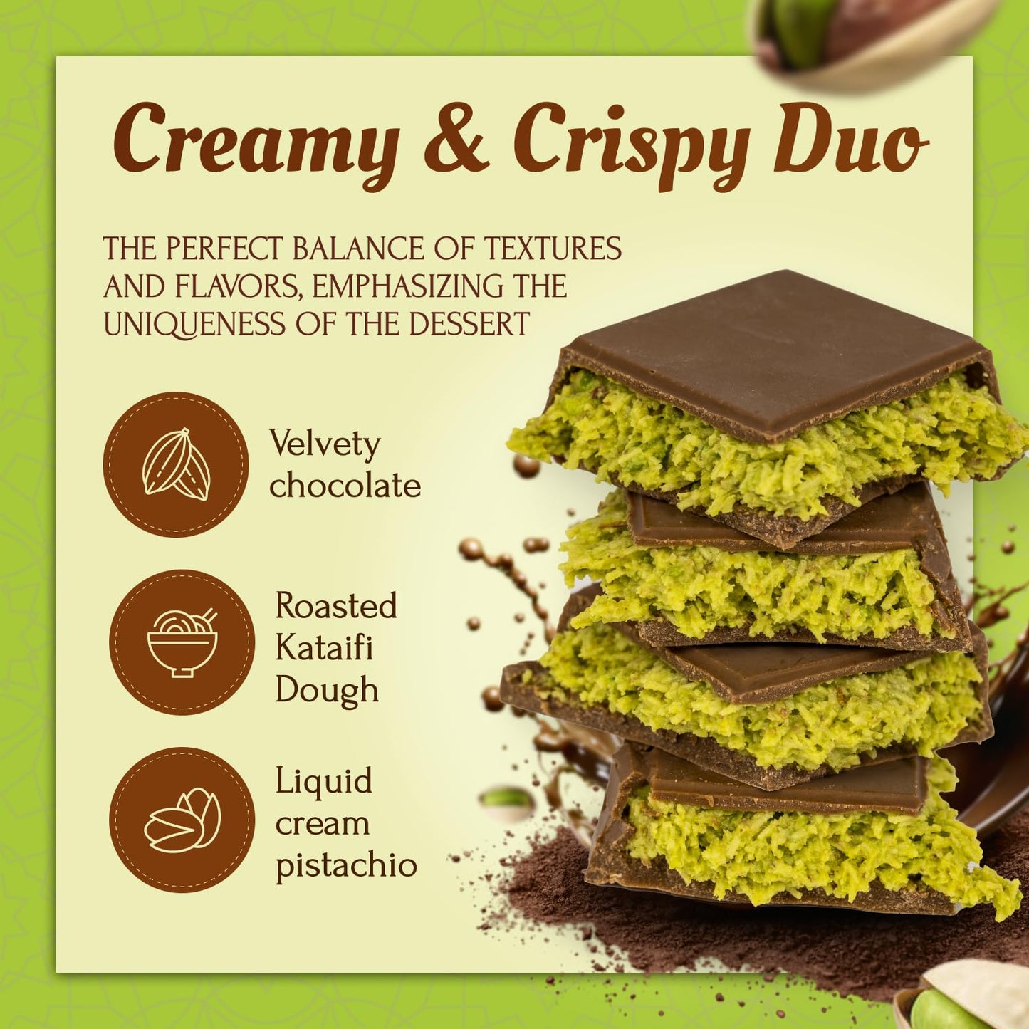 Dubai Chocolate Bar with Pistachio - 7 oz - Handmade Viral Dubai Chocolate - Crispy Shredded knafeh with Rich Chocolate  Ready to Eat  Perfect for Christmas (Pack of 1)