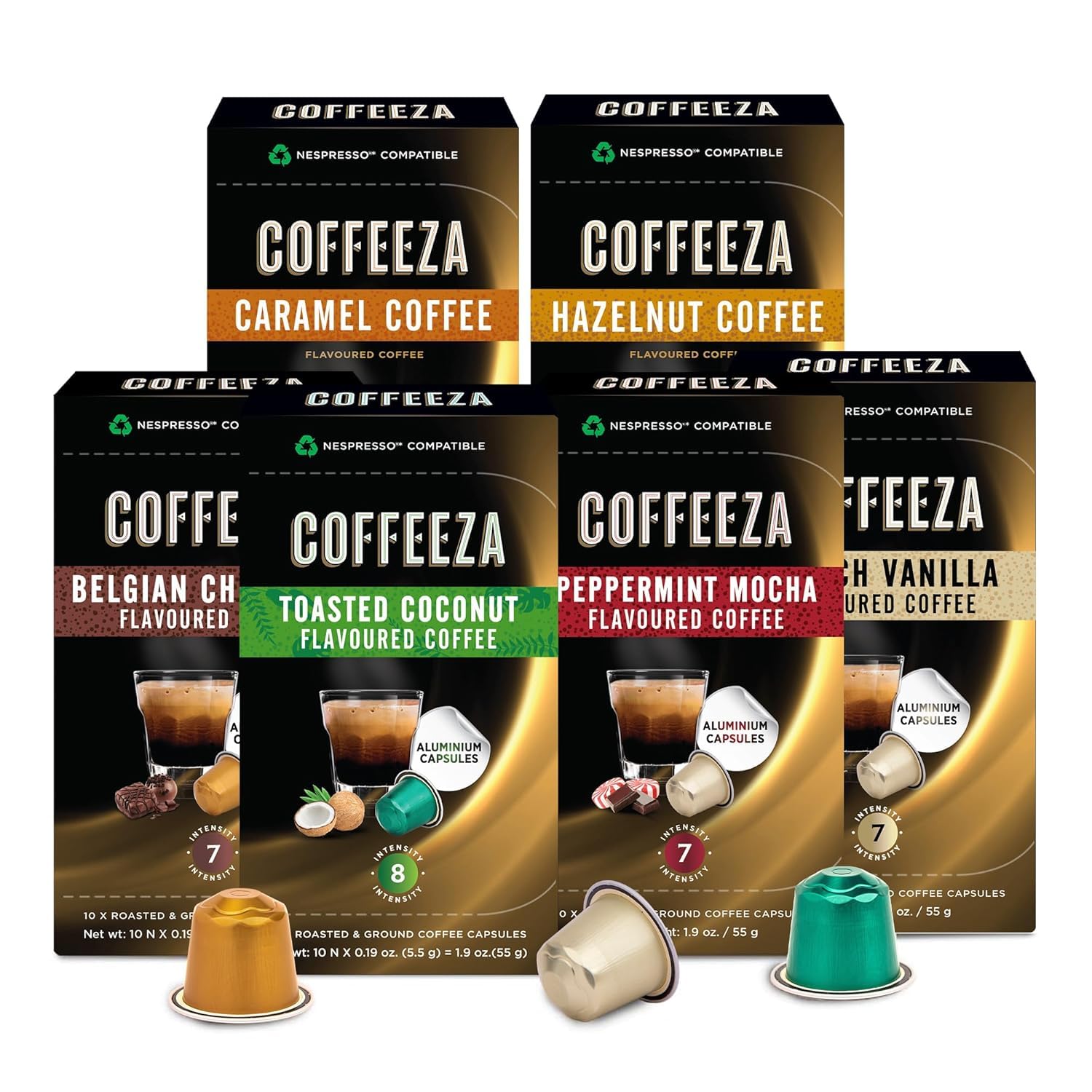 Coffeeza 100% Arabica Nespresso Flavored Coffee Pods Variety Pack  Compatible With Nespresso Oriflavor Blendal Line Machines | 6 Pack  60 Single Serve Coffee Pods