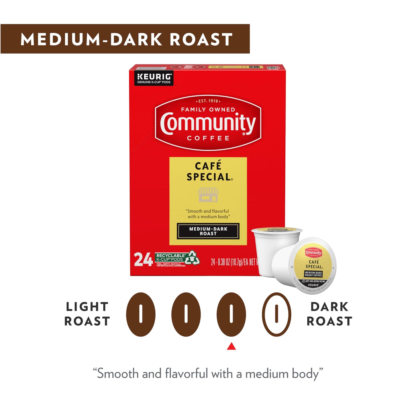 Community Coffee Café Special Medium Dark Roast Coffee Pods, 24 Count, Compatible with Keurig 2.0 K-Cup malt-inspired