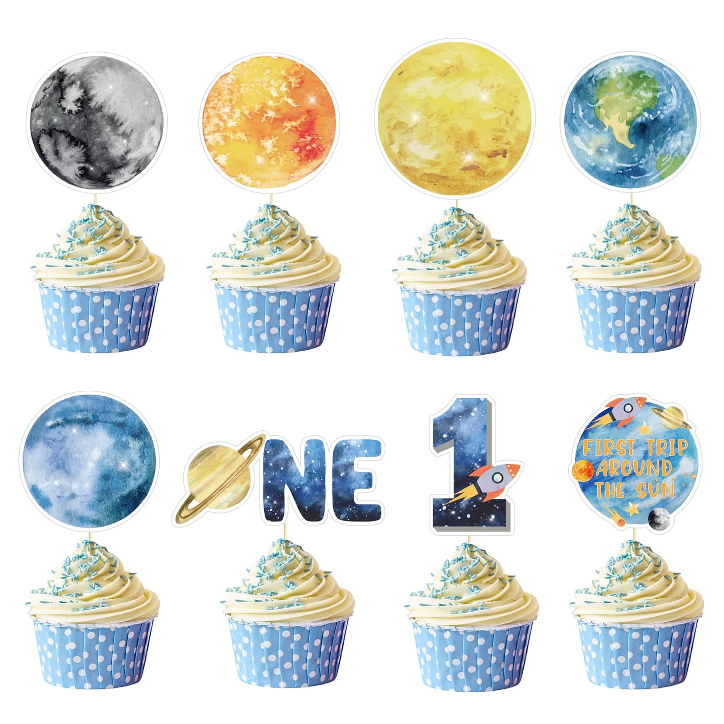 Weecnet 48Pcs First Trip Around The Sun Cake Topper 1St Birthday Party Decorations Space Cupcake Toppers Planets Solar System Th
