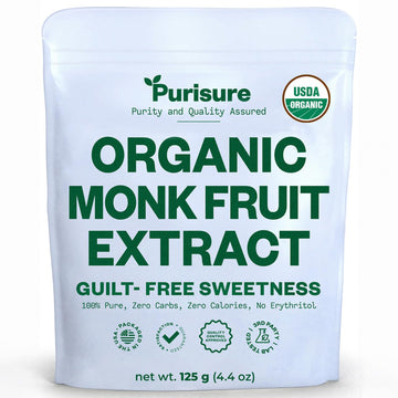 Purisure Organic Monk Fruit Extract, 125G, 400 Servings, Organic Pure Monk Fruit Sweetener Without Erythritol, Non-Glycemic, Zer