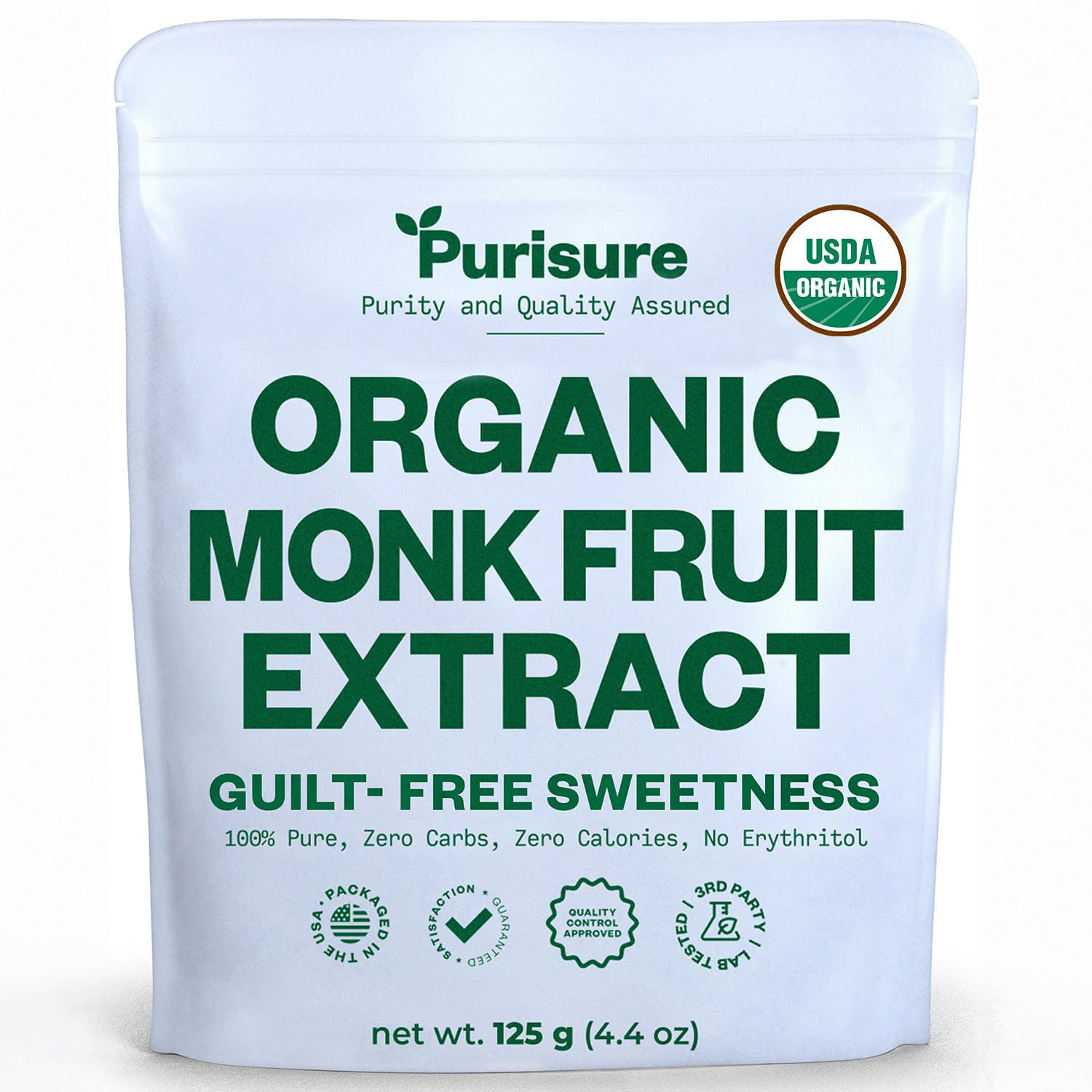 Organic Monk Fruit Sweetener, 125g (4.41oz), No Fillers Pure USDA Organic Monk Fruit Extract Powder with No Aftertaste, Zero Cal