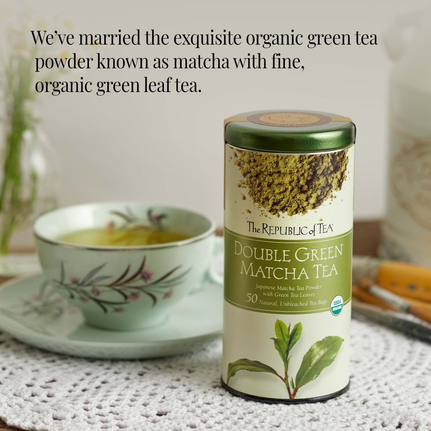The Republic of Tea Organic Double Green Matcha Powder, Naturally Caffeinated, 50 Count, Green
