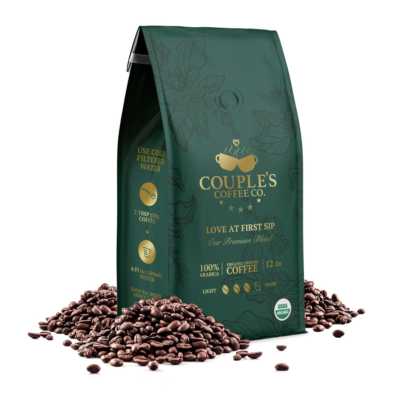 COUPLES COFFEE Organic Ground Coffee, Fair Trade Guatemalan Medium-Dark Roast, 12oz