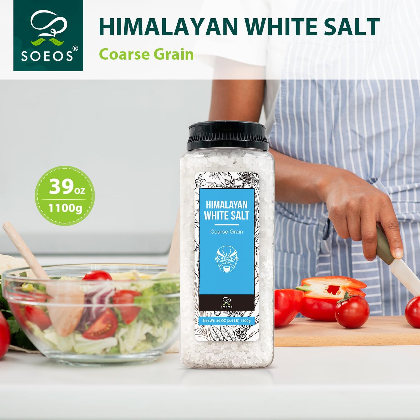 Soeos Sea Salt, Coarse Grain, 39 Oz (2.4 Pound), Non-GMO, Nature Himalayan Kosher Salt, Sea Salt for Grinder Refill (Pack of 1)